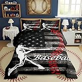 Erosebridal Boys Baseball Comforter Set Vintage American Flag Bedding Full Size for Adult Girls Kids Ball Games Sports Theme Duvet Set Retro USA Flag Print Quilts Grunge Stripes Star Decor Bedding