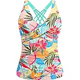Underwire Tankini Tops for Women – Twist Front V Neck Bathing Suits Top Only Ruched Tummy Control Swimsuit Top Colorful Floral X-Large