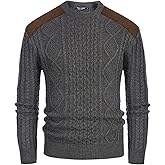 PJ PAUL JONES Mens Sweater Military Cable Knit Crewneck Vintage Long Sleeve Pulllover Sweaters with Suede Patchwork