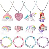 Sureio 12 Pcs Kids Jewelry for Girl Bracelets Necklace Ring Set, Cute Style | Little Girl Play Jewelry with Unicorn Mermaid Heart Rainbow Shell Pendant for Summer Party Favor Dress up Princess Birthday