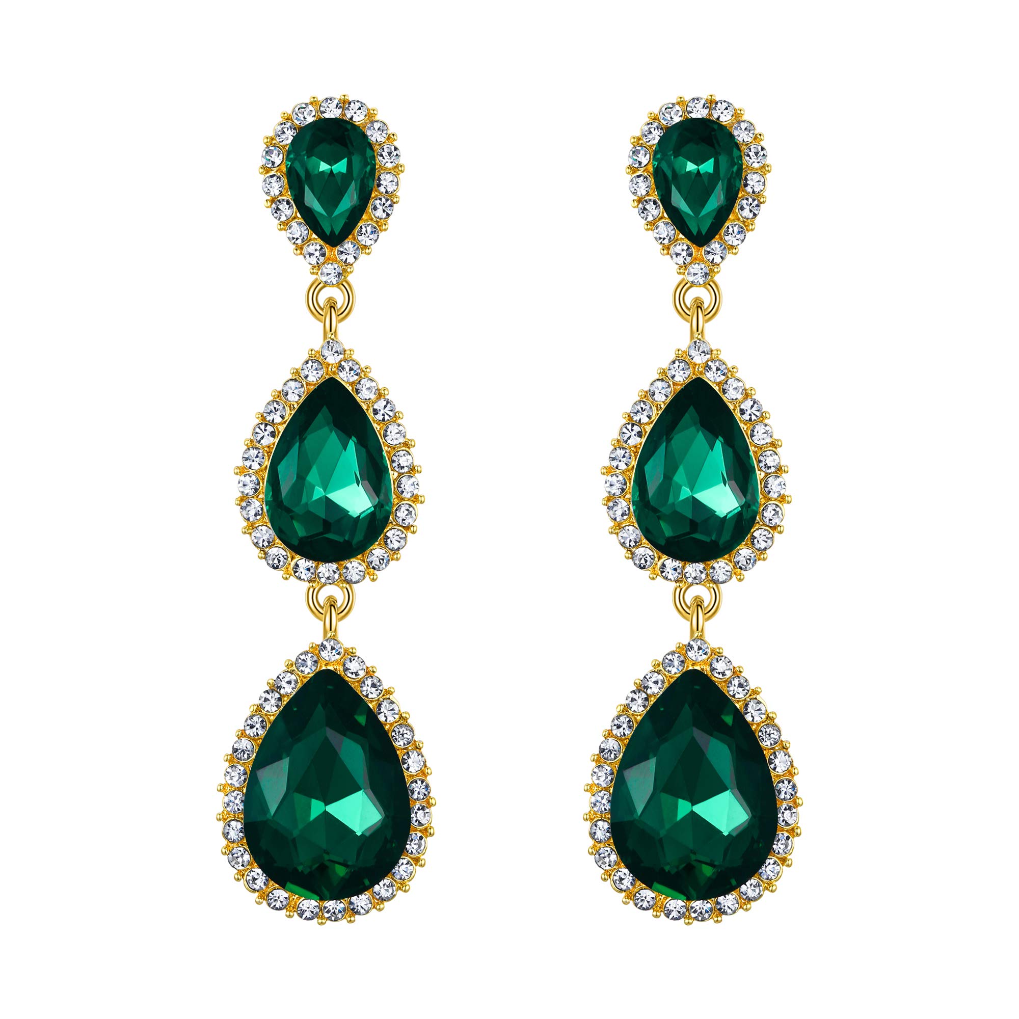Clearine Women's Gorgeous Small to Large Triple Teardrop Crystal dangle Pierced Earrings Green Gold-Tone