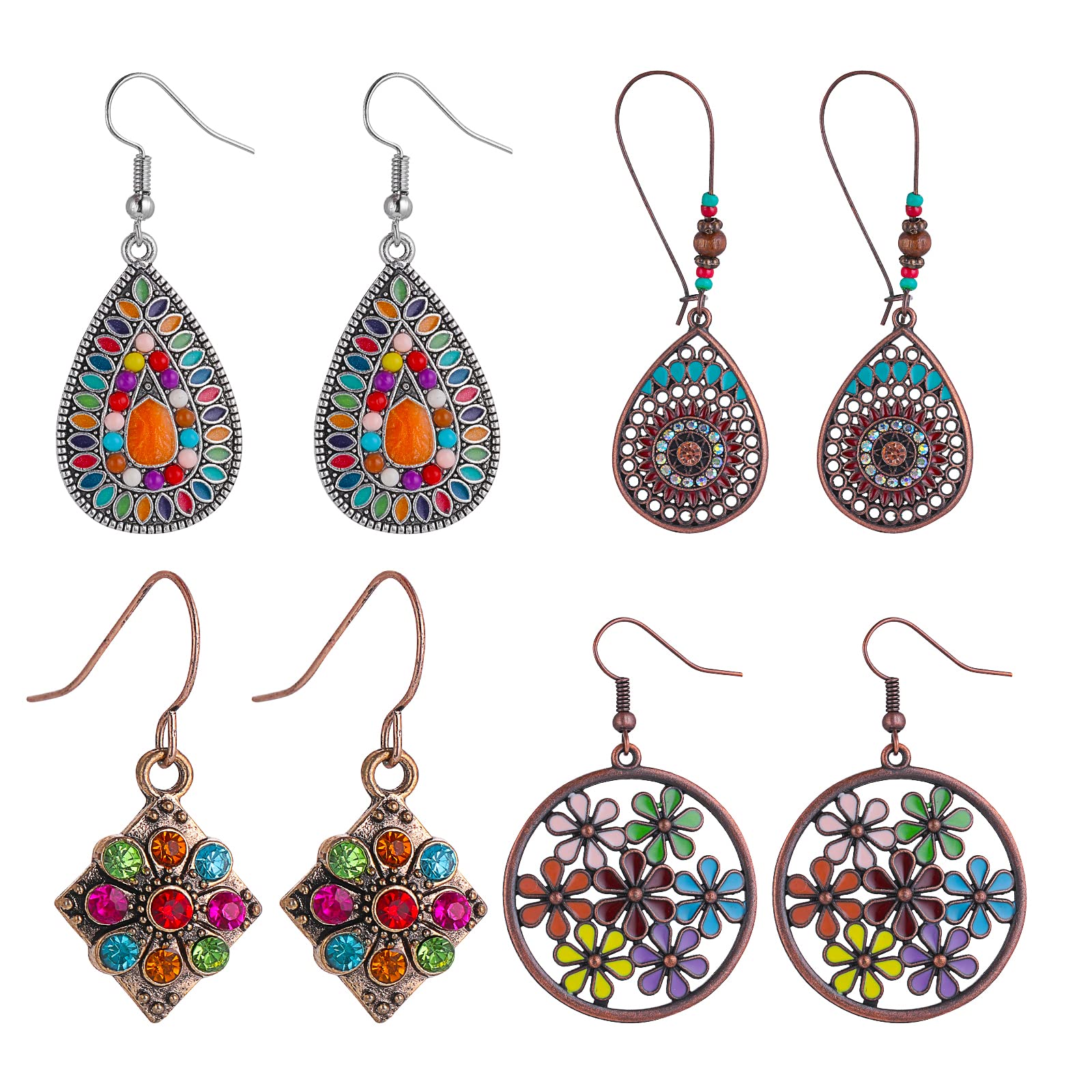 Yolev 4 Pairs Vintage Bohemian Earrings Set Retro Rhinestone Boho Earrings Boho Dangle Drop Earrings for Women Girls Jewelry Accessories Set