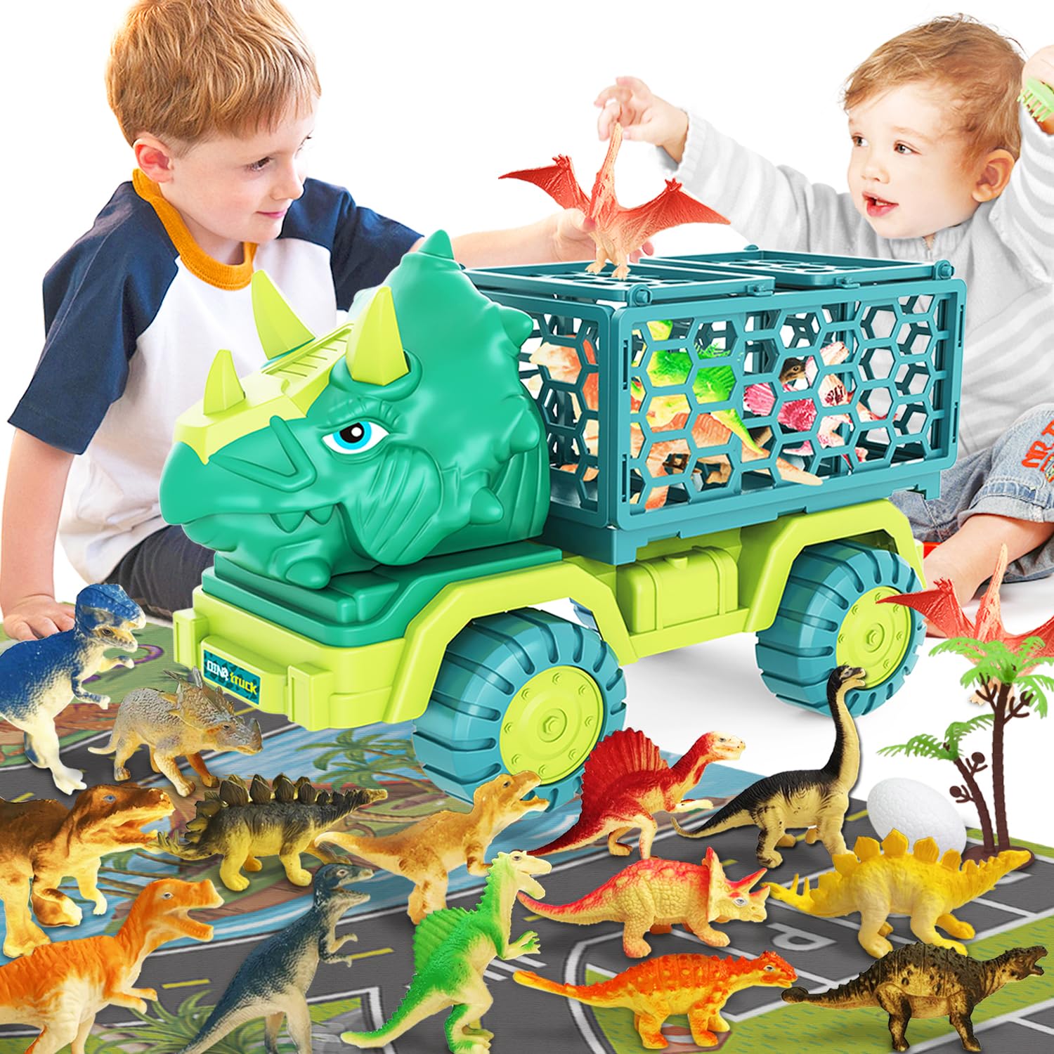 Dinosaur Truck Toy for Kids 3-5 Years Old, Triceratops Transport Car Carrier Truck with 15 Dino Figures Activity Play Mat Egg and Trees Dinosaur Escape Play Set Boys Girls Easter Birthday Christmas