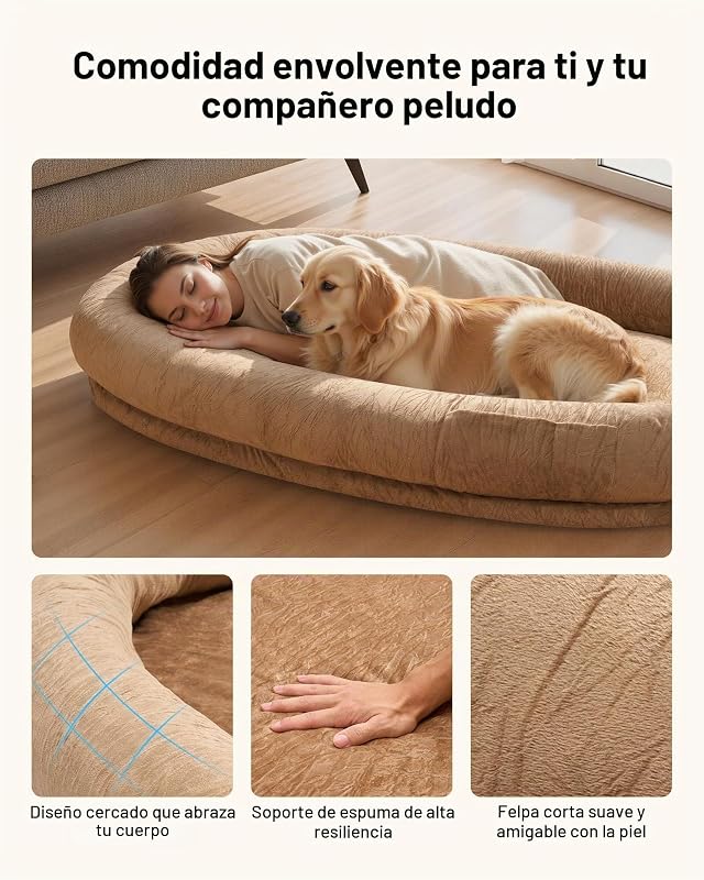 Cama para Perros de Diseño Ovalado, Tamaño Humano, 177 x 123 x 24 cm, Ortopédica, de Espuma Viscoelástica, con Bolsillo Lateral, Asa y Cremallera, Funda Extraíble y Lavable a Máquina, Marrón