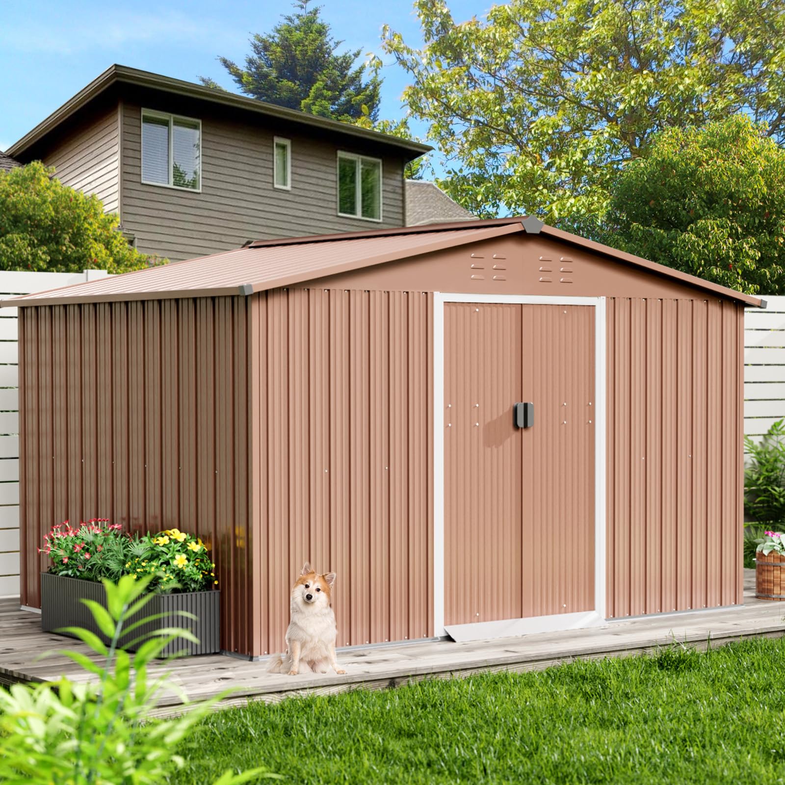 Photo 1 of Garvee 10x12 Ft Metal Storage Shed with Pitched Roof & Lockable Door, Outdoor Weatherproof Yard Tool Storage Shed for Organizing Bike, Lawn Mower, Tools and Equipment in Backyard, Yard, Lawn, Brown