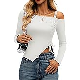 BESTPOEM Womens Off The Shoulder Tops Asymmetrical Neck Ruched Cropped Top Going Out Long Sleeve Slim Fit Tee Shirt
