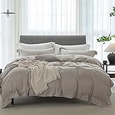 ELIMMO Cooling King Duvet Cover Set 3 Pieces-100% Washed Cotton with Chic Wide Trim Design Linen Like Textured Ultra Soft Cozy Bedding with Zipper Closure(Hemmed Beige Grey,King 104"x90")