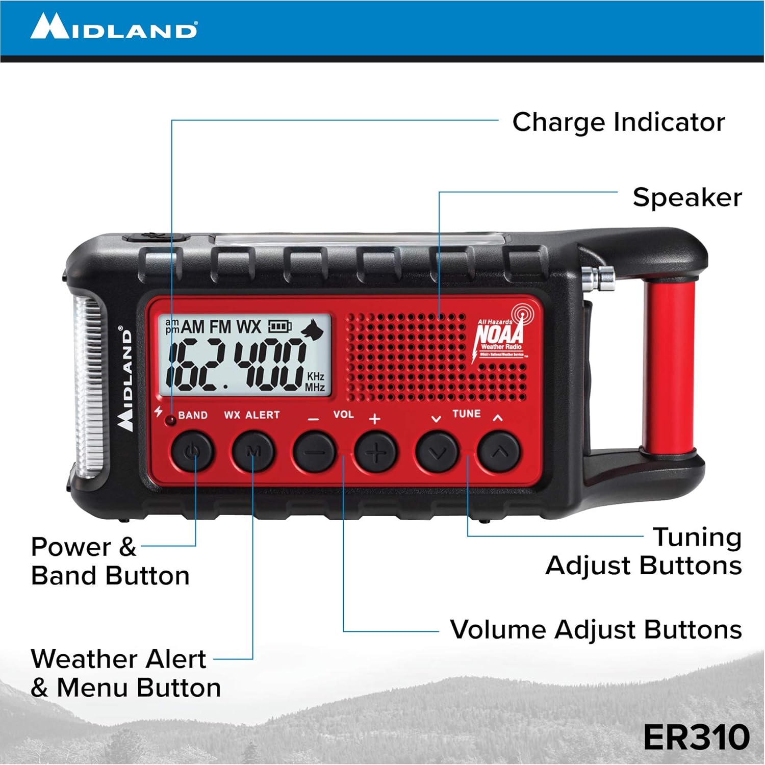 Midland - ER310, Emergency Crank Weather AM/FM Radio - Multiple Power Sources, SOS Emergency Flashlight, Ultrasonic Dog Whistle, NOAA Weather Scan + Alert (Red/Black): Home Audio & Theater