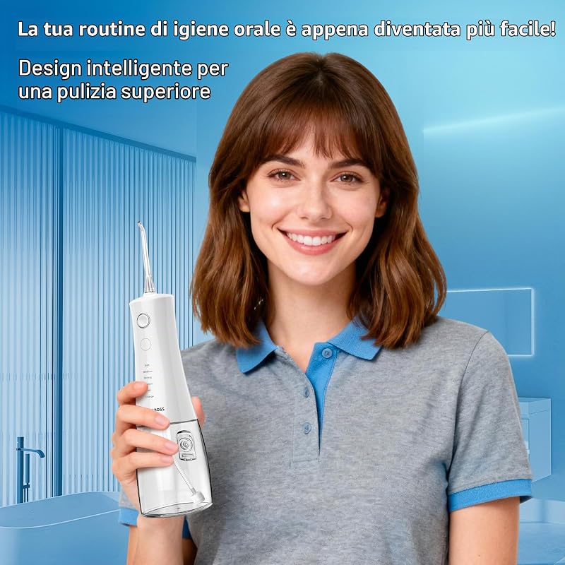 Idropulsore Advanced, 5 modalità di pressione e serbatoio capiente da 340 ml, irrigatore orale impermeabile IPX8, 4 punte a getto e blocco da viaggio, idropulsore portatile QR-7104 (bianco)