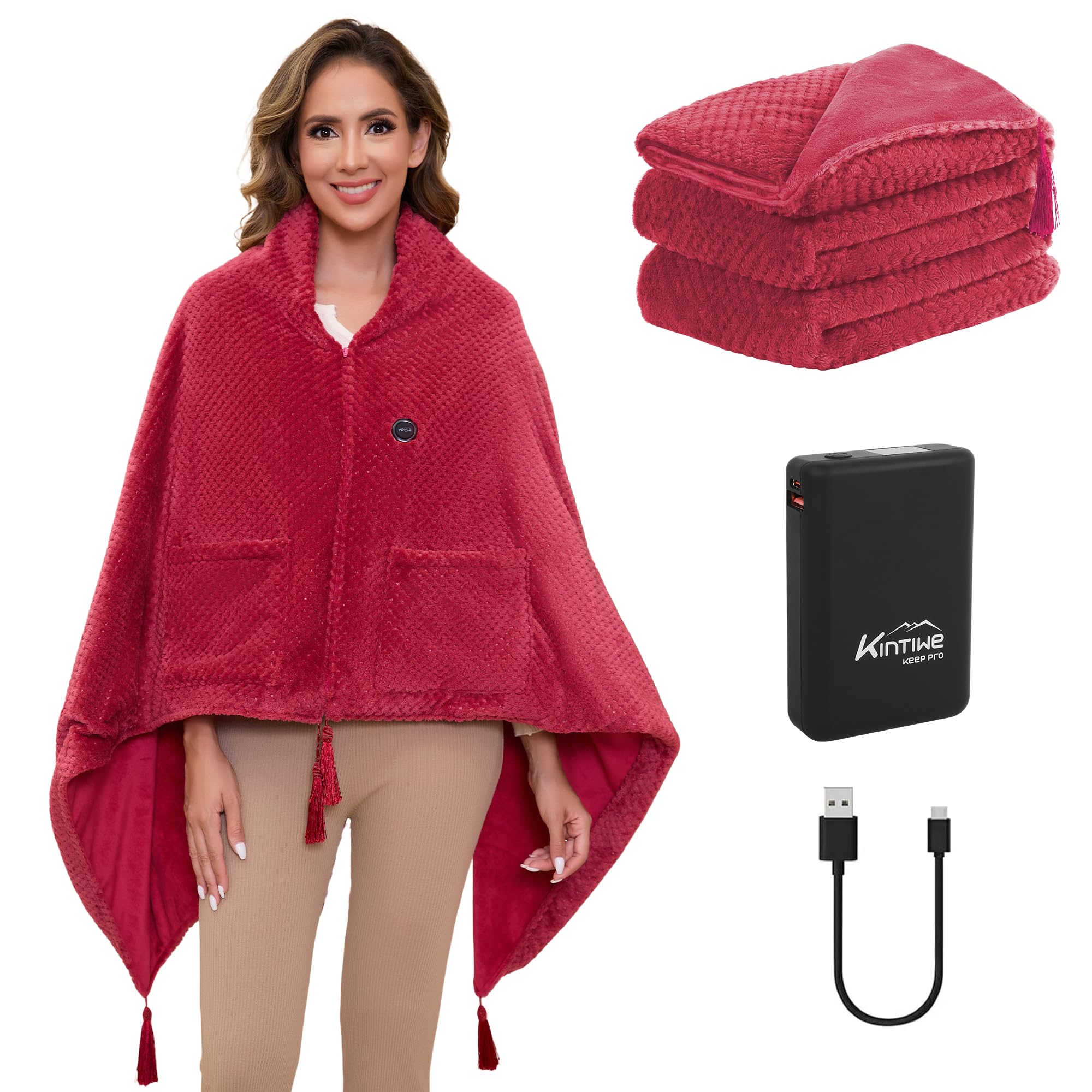 Photo 1 of Heated Throw Blanket Battery Operated, Portable Cordless Heated Shawl Ponchol with 4 Heating Areas & 3 Heating Modes,Electric Wearable Heating Blanket for Neck and Shoulders and Back,Red