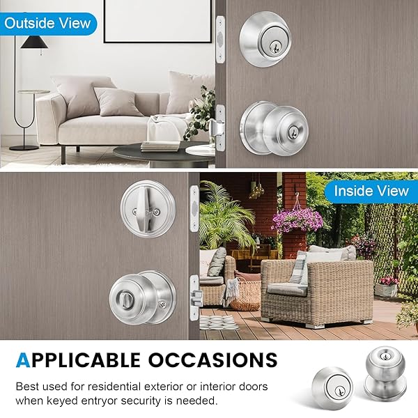 PLUSTOOL 4 PACK EXTERIOR DOOR LOCK SET, SATIN NICKEL DOOR KNOB AND DEADBOLT COMBO SET, KEYED ALIKE ENTRY DOOR KNOBS WITH LOCK&KEYS, ROUND BALL DOOR LOCKSETS WITH DEADBOLT FOR ENTRANCE AND FRONT DOOR
