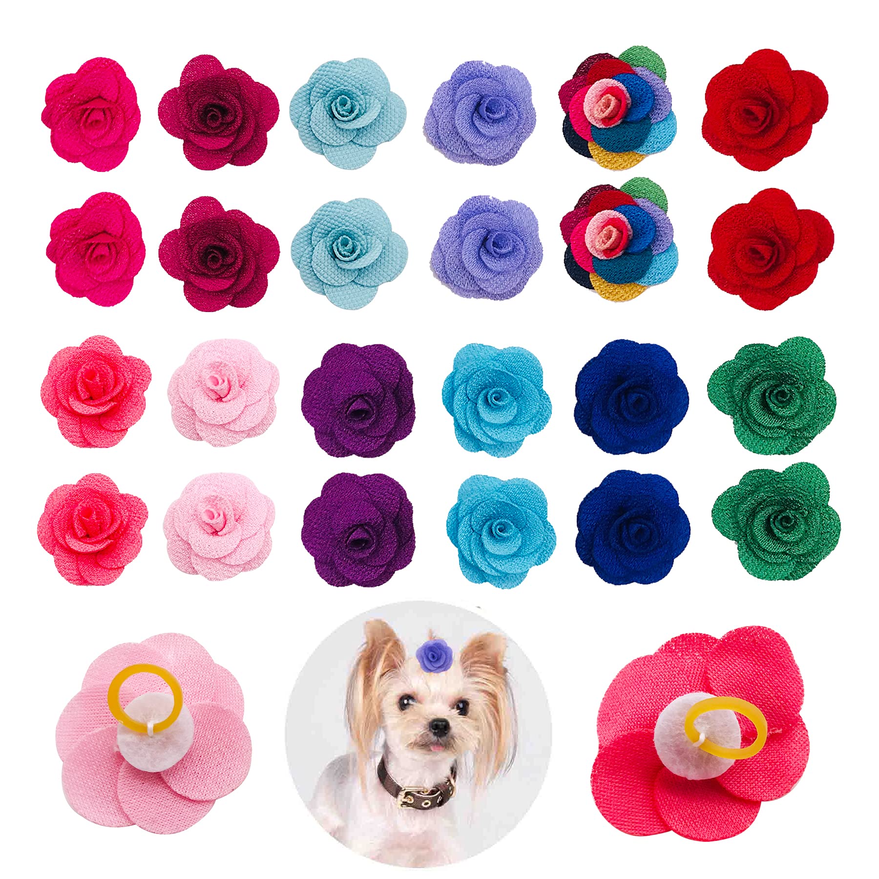 JpGdn 24 Pcs Dog Hair Bows Flowers with Rubber Bands Handmade Topknot Hair for Small Medium Puppy Doggies Kitten Cats Grooming Accessories