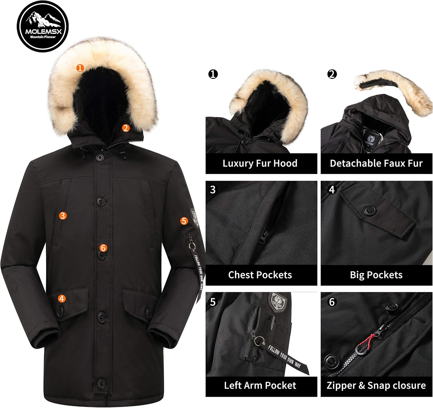 Molemsx Men's Down Jacket Warm Winter Parka Puffer Coat with Fur Hood Faux-Fur Trim XS-3XL: Clothing