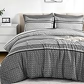 WONGS BEDDING Grey Comforter Set Queen Size, 7 Pieces Striped Bed in a Bag Comforter and Sheet Set, Bohemian Soft Lightweight Micorfiber Bedding Set for All Seaon (90"×90")