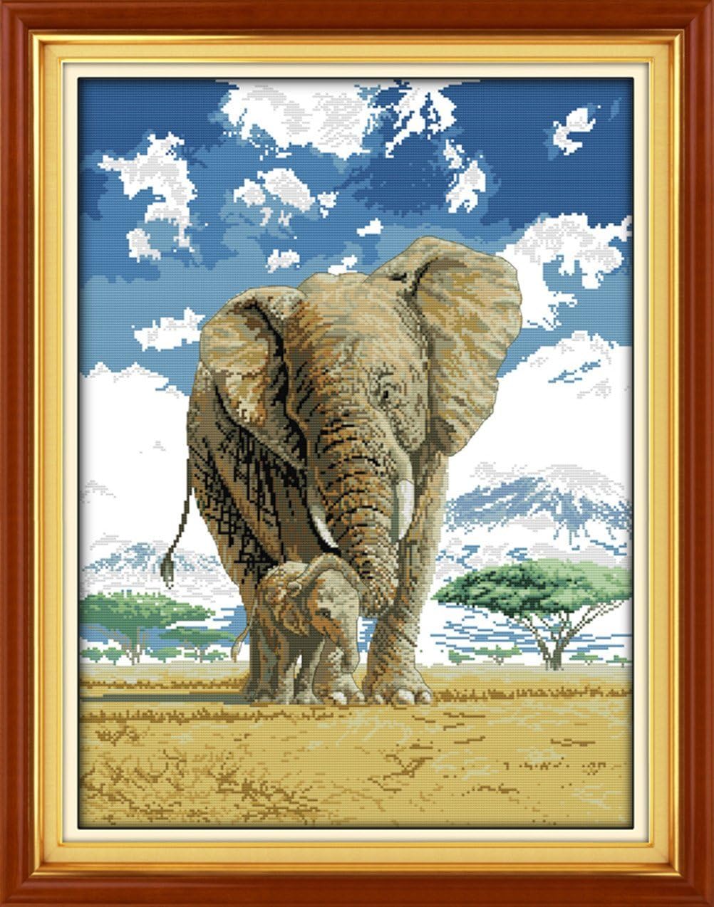 YEESAM ART Unstamped Cross Stitch Kits for Adults Elephants Snow Mountain 14ct Counted Unprinted Embroidery Kit Needlework Wall Art Decor