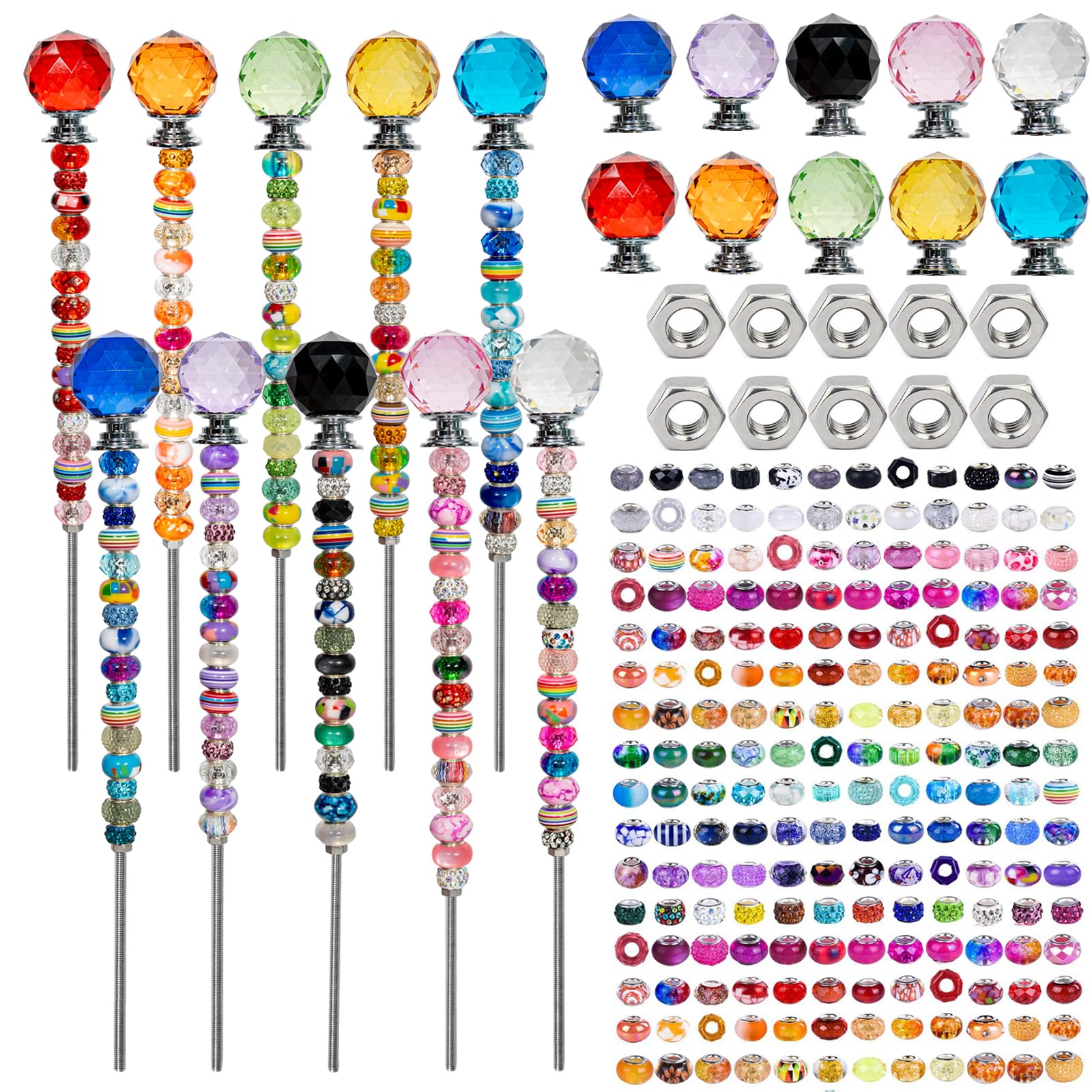 Photo 1 of 230 Pcs Beaded Garden Stakes Kit DIY Fairy Wands for Garden with 10 Colorful Crystal Stopper Top 200 Assortment Round Large Hole Bead for Outdoor Decor (10, Colorful Spherical)