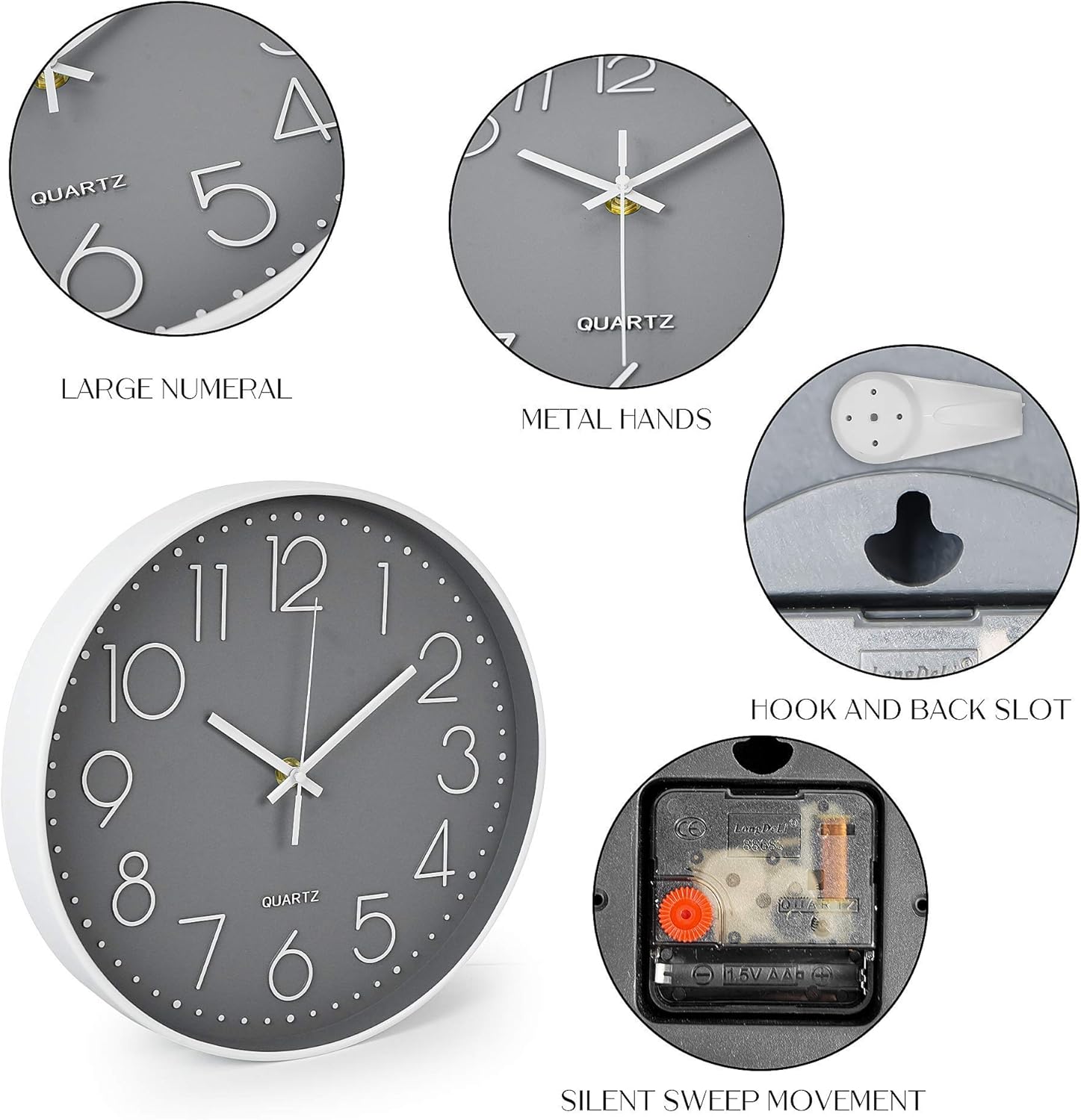 JINMA 12 Inch Modern Wall Clock Silent Non Ticking Easy to Read Decorative Wall Clocks for Living Room Decor Home Office Kitche (Grey): Kitchen & Dining