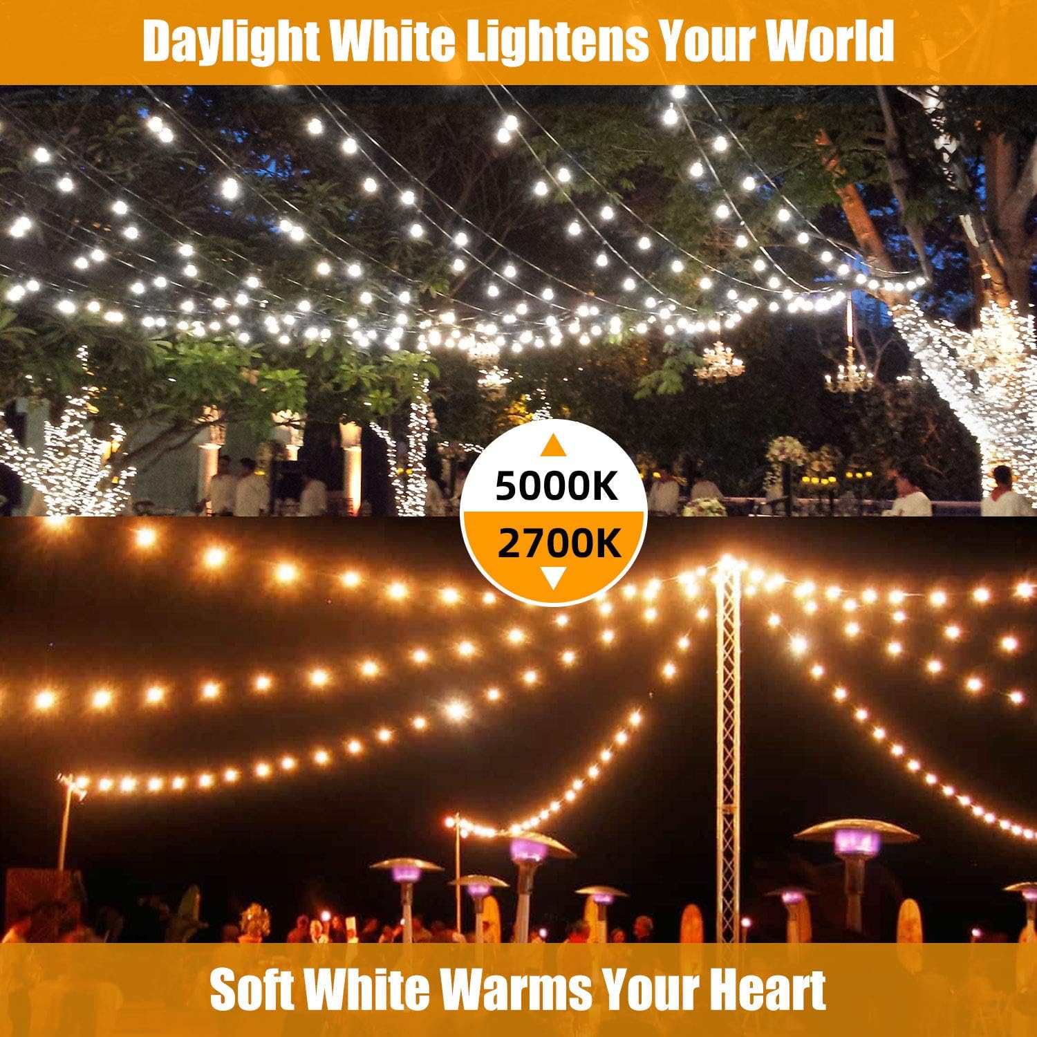 48ft 2 Packs LED Outdoor String Lights with Waterproof Shatterproof Dimmable 2700K Warm White Filament Bulbs, E26 15 Sockets Linkable Commercial Grade Hanging String Lights for Patio Deck Backyard: Home Improvement