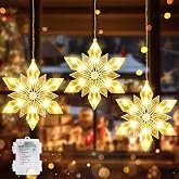 Quntis Christmas Snowflake Window Lights, 3Pack Diamond-Star Decor, 36 LEDs | Battery Operated with Hooks, 8 Modes, Timer & Memory, Waterproof for Indoor Outdoor Hanging, Warm White, Xmas Gift Box