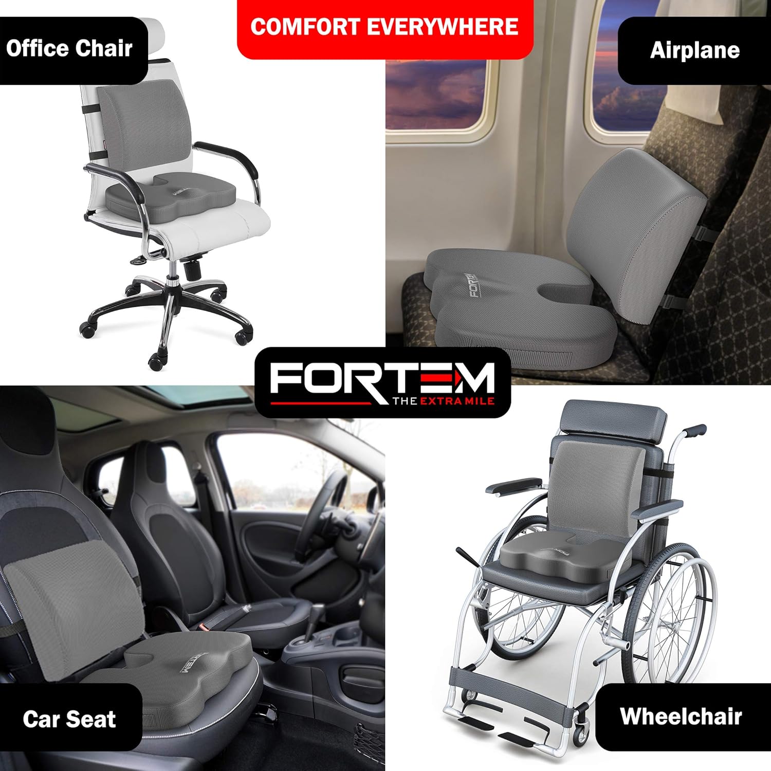 FORTEM Seat Cushion & Lumbar Support for Office Chair, Car, Wheelchair, Memory Foam Pillow, Washable Covers (Grey): Health & Personal Care