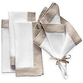 Linen Napkins 20 x 20 inch - 100% Pure Linen White and Natural Dinner Napkins Set of 4 - Hemstitch Napkins Cloth Washable for Winter and Spring Decor