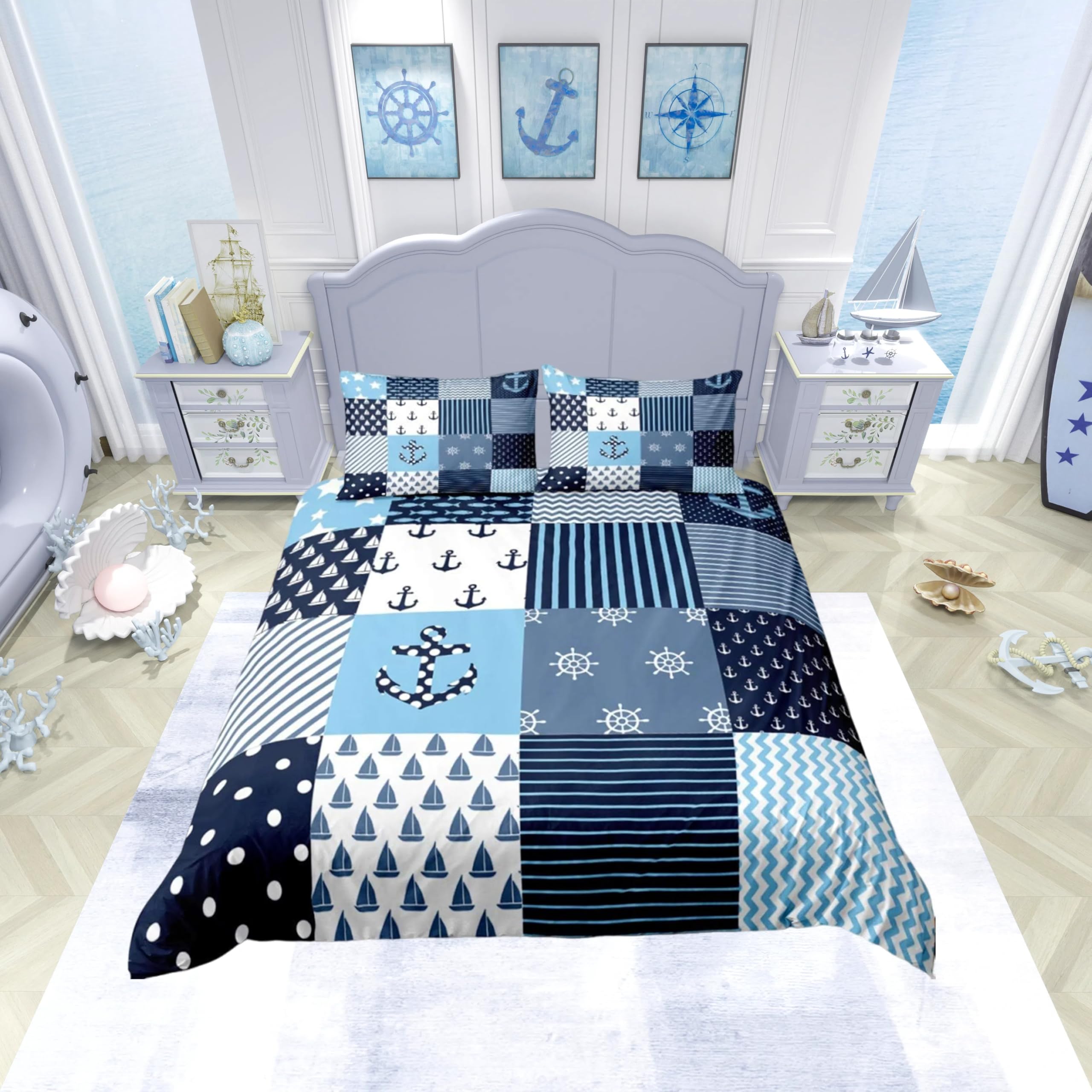 Loussiesd Nautical Comforter Cover Set Navigation Theme Patchwork Bedding Set Anchor Compass Sailing Ship Print Duvet Cover Set For Kids Boys Child Bedroom Quilt Cover Decor 2 Pcs Single Size