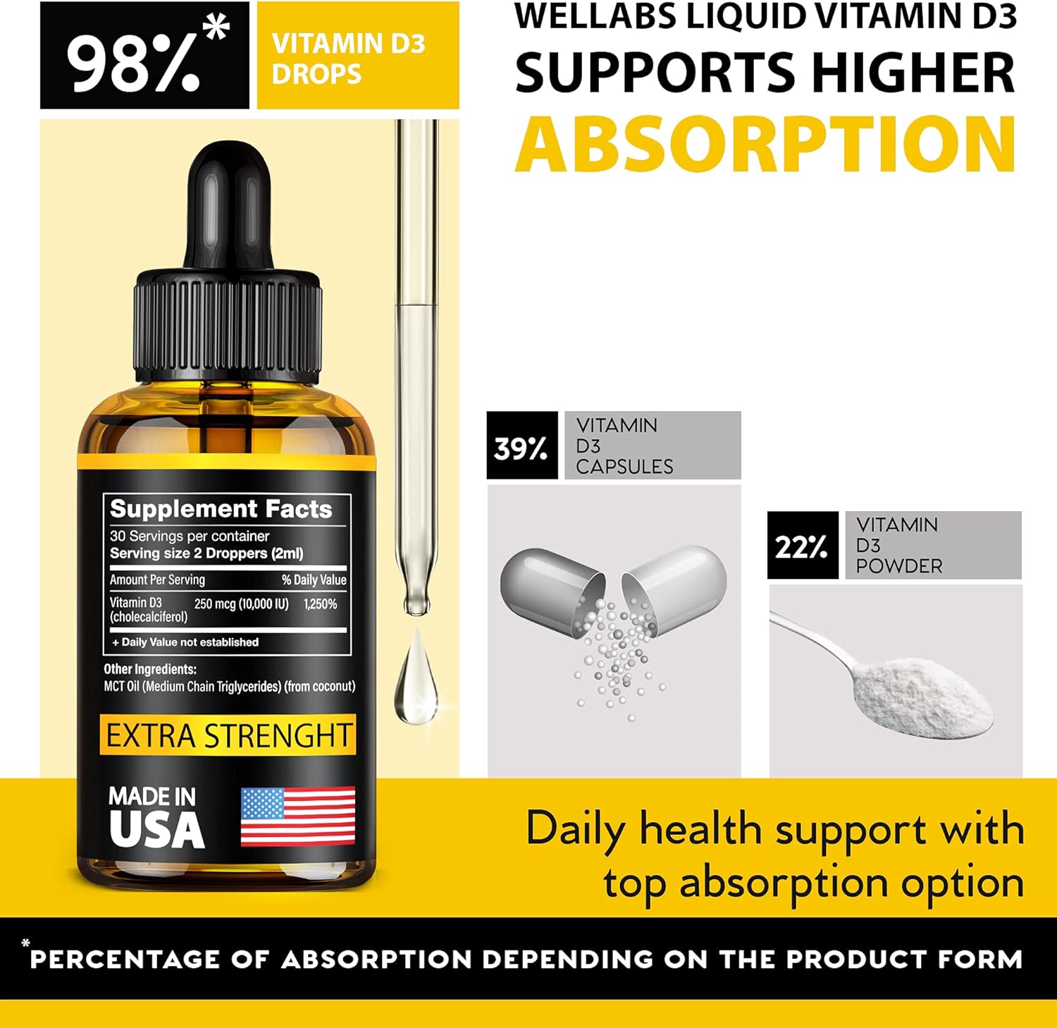 Vitamin D3 Drops - Extra Strength Vitamin D3 10000 IU - Made in The USA - High Dose Vitamin D3 - Premium & Natural Vitamin D3 - The Sunshine D3 Vitamin Supplement - Organic & Raw Vitamin D: Health & Personal Care