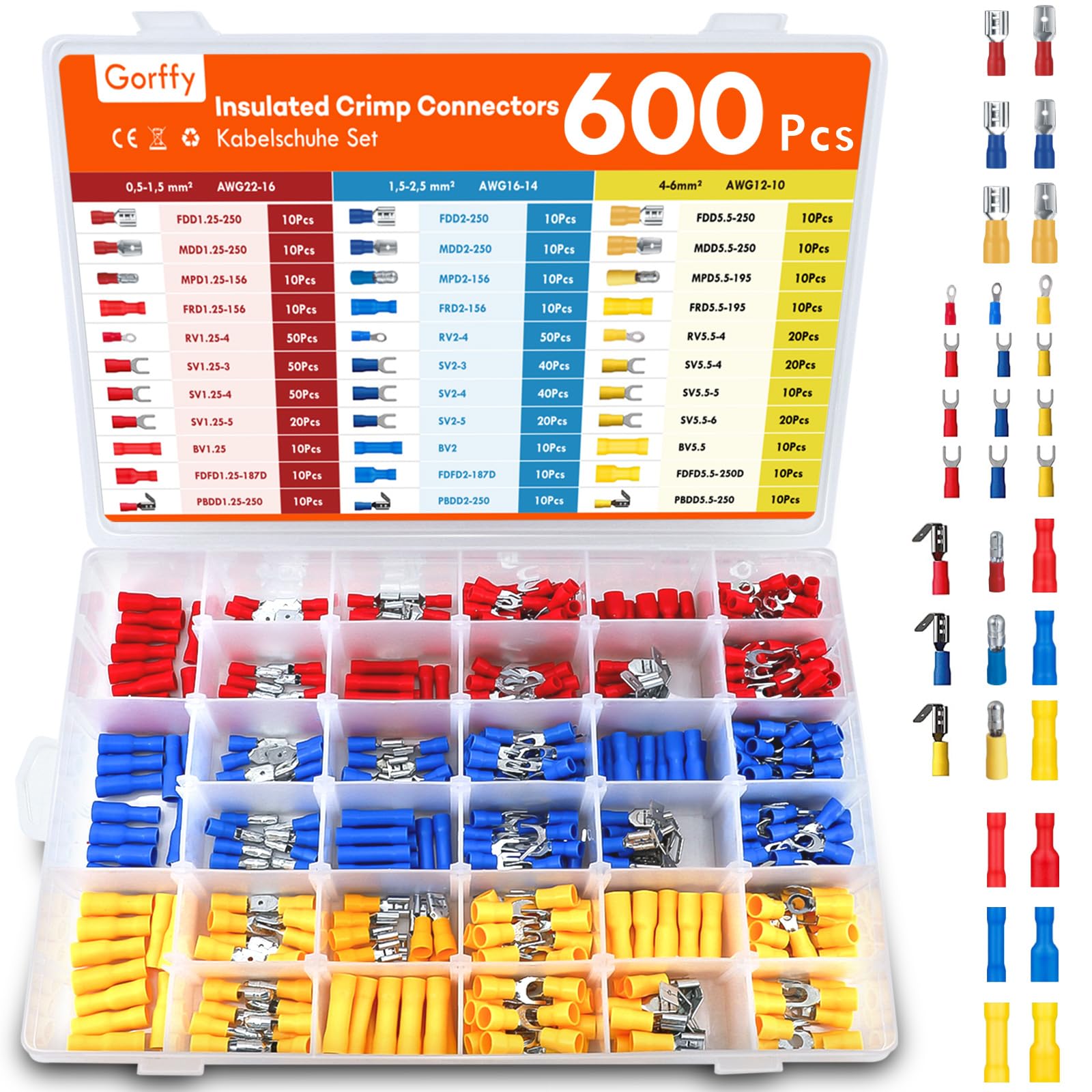 Gorffy Spade Connectors 600 Pcs, Auto Electrical Connectors0.5-6.0mm², Insulated Wire Connectors Crimp, Assorted Male and Female Spade Connector 12V, Bullet, Fork, Piggyback & Ring Crimp Terminals