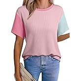 EVALESS Women's Short Sleeve T Shirts Ribbed Knit Crewneck Multicolour Block Tee Blouses Spring Tops 2026 Trendy