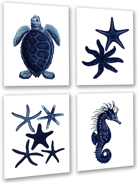 Amazon Com Dark Navy Blue Beach Wall Decor Set Of 4 Unframed Seahorse Starfish Beach Bathroom Art Prints Posters Prints