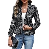ELLEVEN Women's Tweed Blazer,2 Button Long Sleeve Jacket Slim Fit Business Suit with Pockets