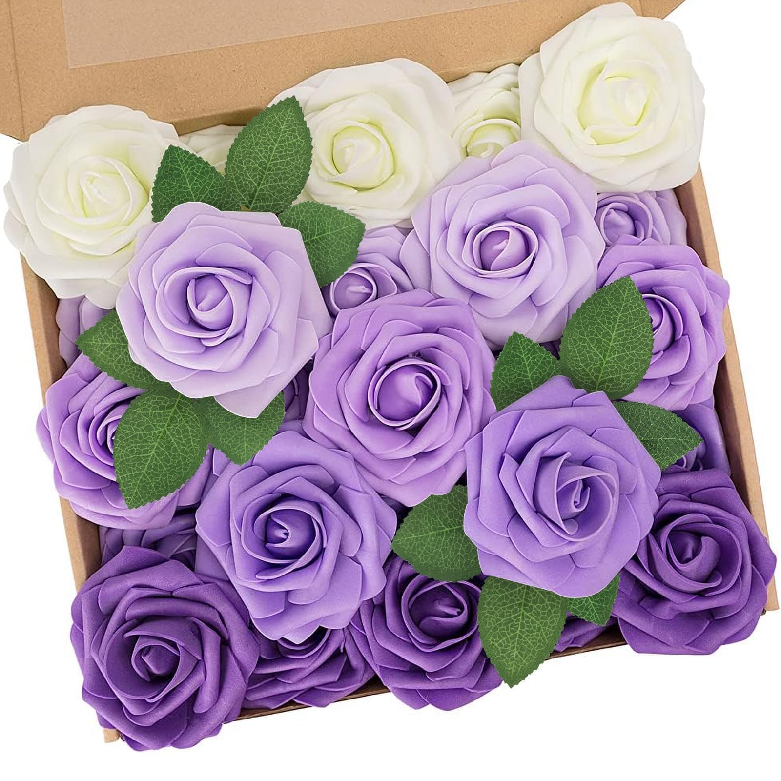 N&T NIETING Artificial Flowers Roses, 25pcs Purple Foam Roses, Fake Lavender Flowers for Wedding Bridal Bouquets, Party, Baby Shower, Home Decor and Valentine's Day, Series Purple