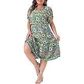 Agnes Orinda Plus Size Summer Boho Dresses for Women V Neck Short Sleeve Casual Floral Print Beach Midi Dress