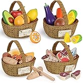 Lehoo Castle Wooden Play Food for Toddlers, Toys Food for Kids Kitchen Accessories, 4 Food Groups Pretend Cutting Fruits, Mon