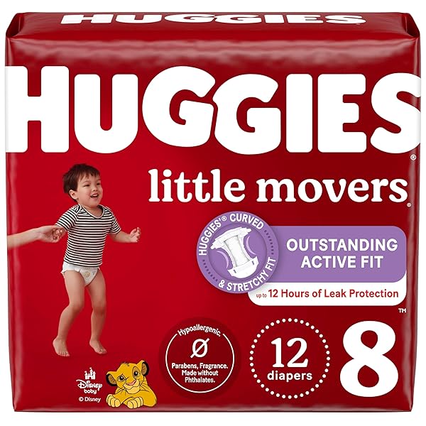 HUGGIES SIZE 8 DIAPERS, LITTLE MOVERS BABY DIAPERS, SIZE 8 (46+ LBS), 12 CT, PACKAGING MAY VARY