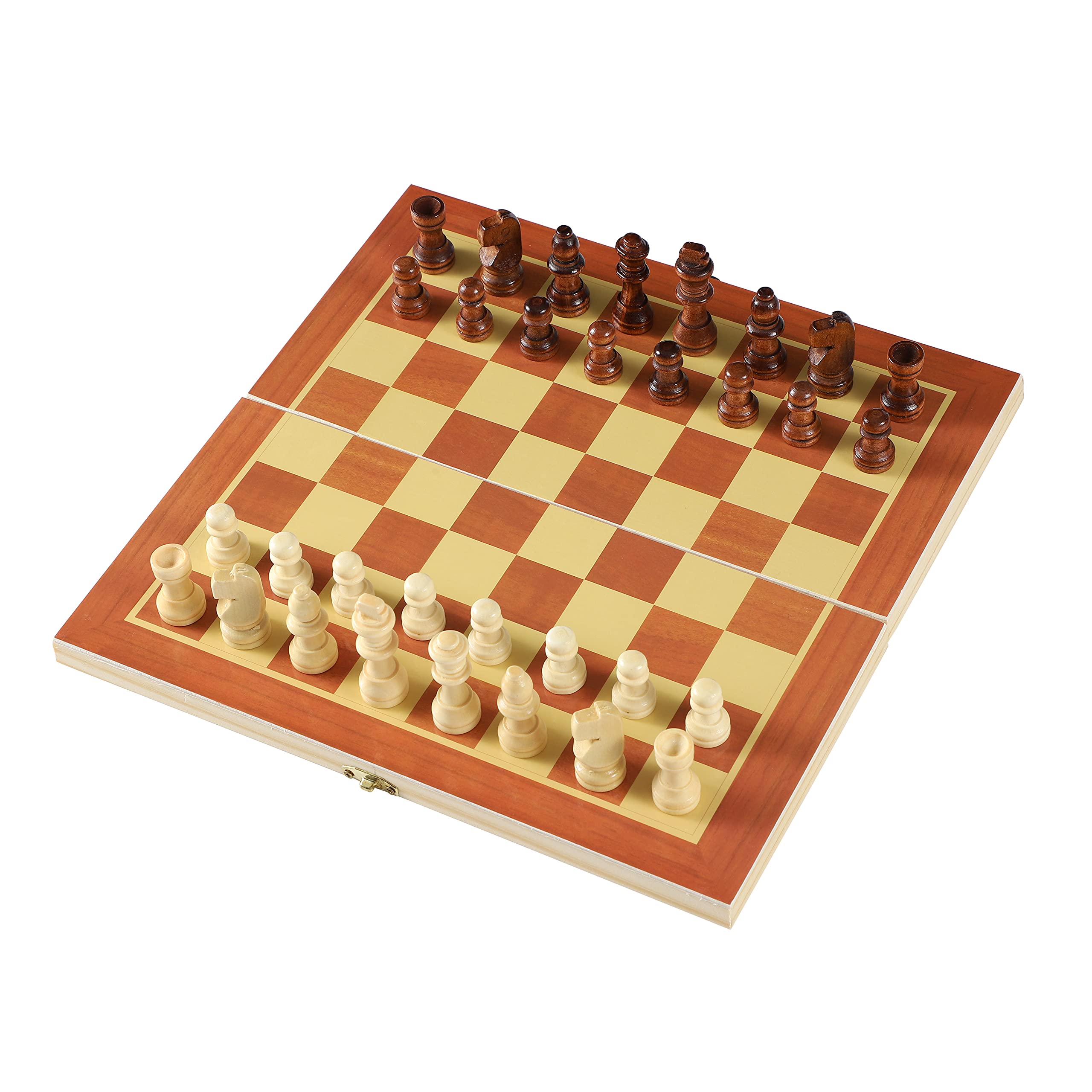 Komonee Chess Set Game Wooden Folding Board For Adults and Kids 32 Pieces Brown Wood Portable Travel Box 30cm x 30cm
