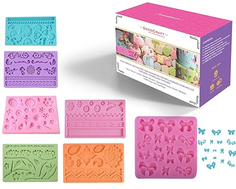 DecoCraft - 8 Stück verschiedene Kuchensilikon Kuchendekorationsdesigns und Ränder Glasurformen für Kuchen/ Cookies und Cupca