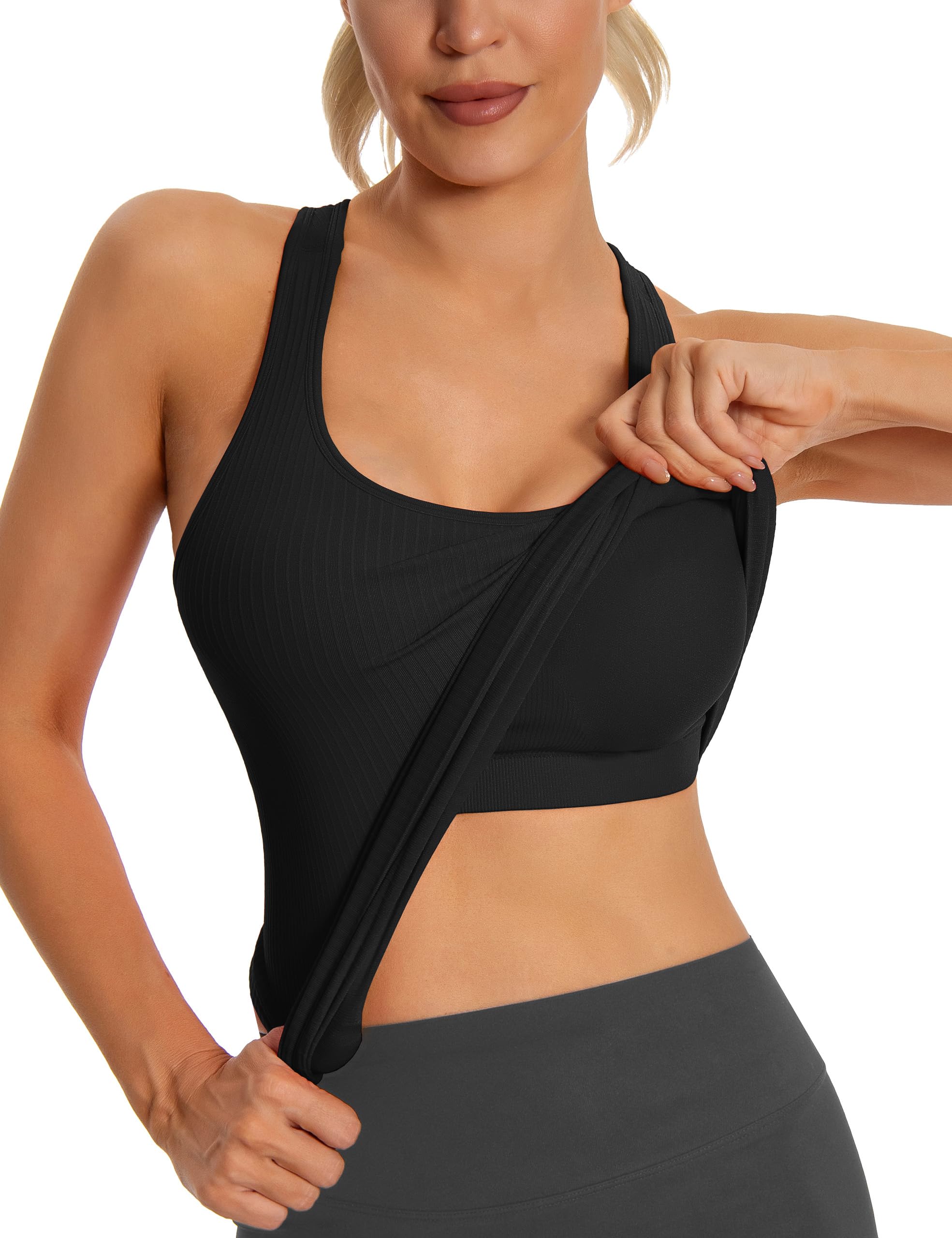 Photo 1 of MathCat Seamless Workout Tank Top for Women with Built in Bra, Padded Racerback Athletic Yoga Camisole, Sleeveless Gym Shirts Black