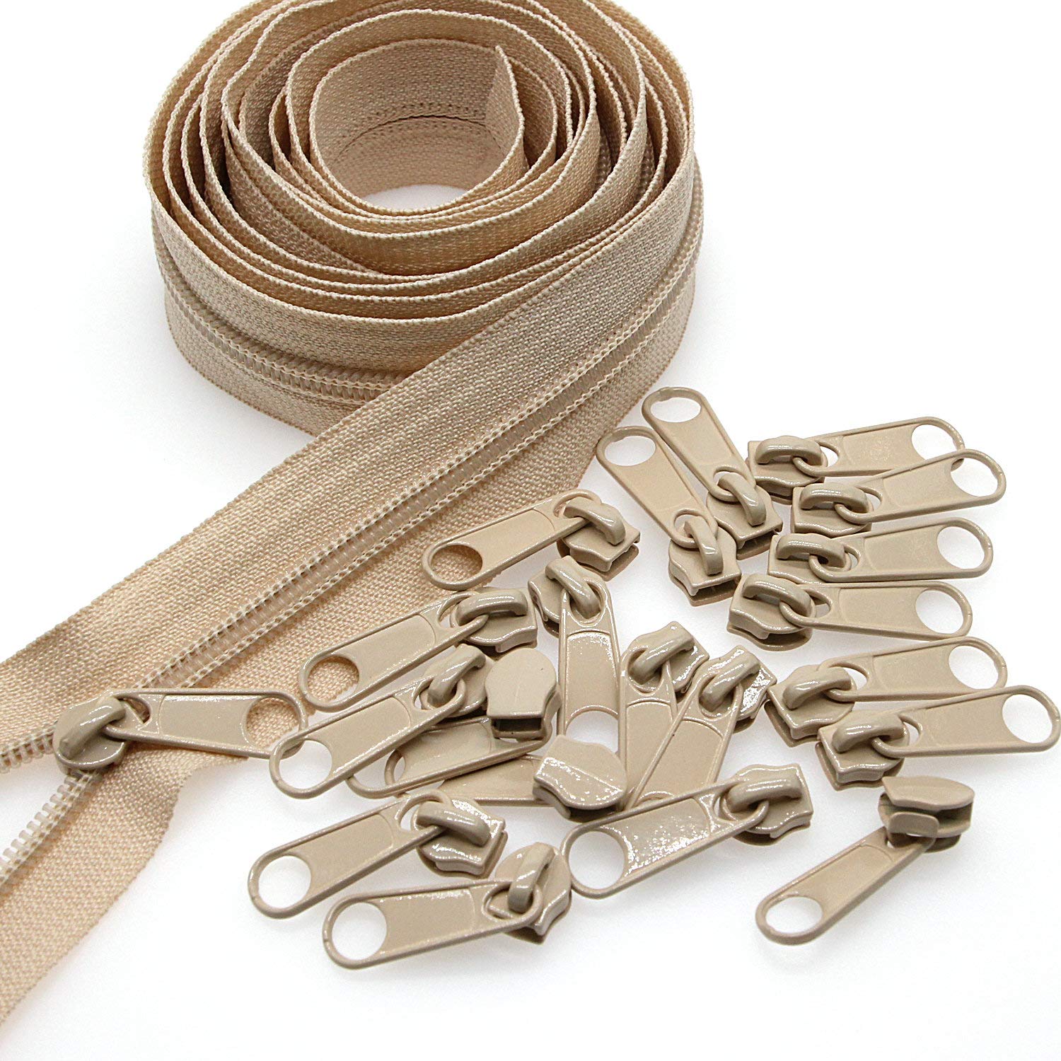 Leekayer #5 Beige Nylon Coil Zippers by The Yards Bulk 10 Yards with 25pcs Sliders for DIY Tailor Sewing Craft,Bag,Luggage,Dress,Sofa Cushion,Pillow(Beige)