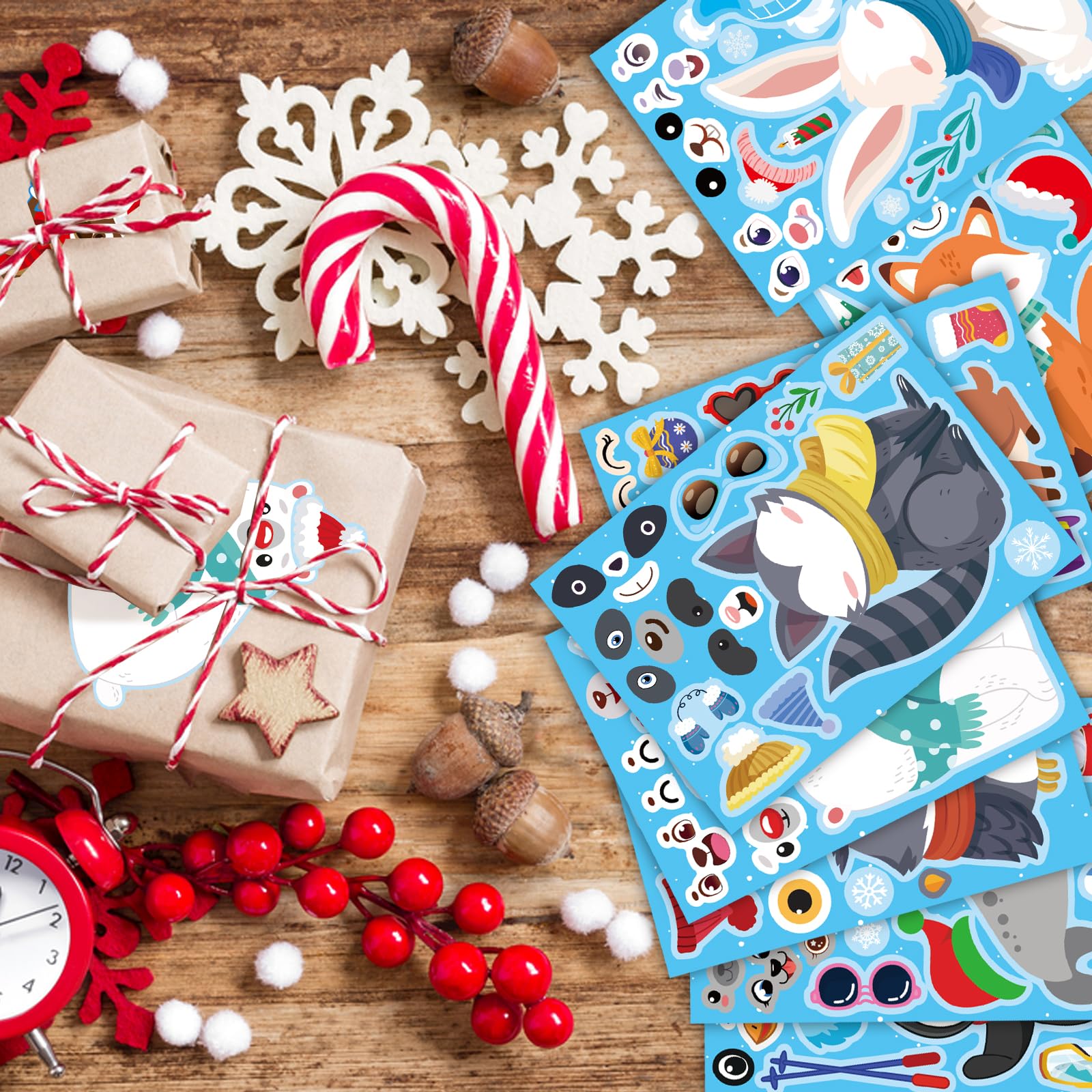 24 Sheets Winter Stickers for Kids Toddlers, Make-a-face Sticker Make Your Own Stickers 8 Designs of Animal Owl Penguin Snowman Bear Sticker Party Decorations Supplies