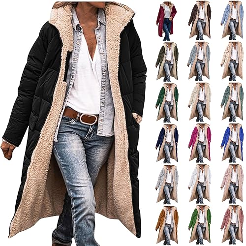 DUHGBNE ladies sheepskin coats and jackets Winter Coats for Women UK Fleece Lined Padded Jacket Coat Full Zip Hooded Long Jackets Casual Warm Puffer Trench with hooded puffer jacket women