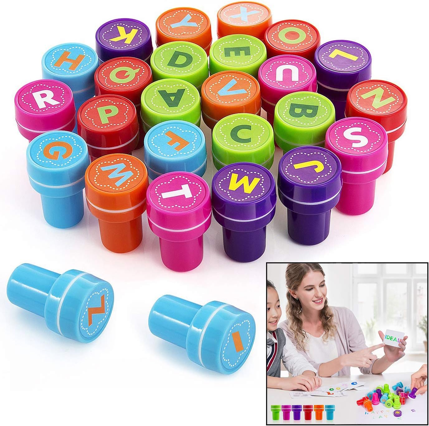 Xrten 26 Alphabets Kids Cartoon Stamp, Plastic Signet Set for Children Multicolor Plastic Letter Stamp Game for Baby Birthday Party - Image 3
