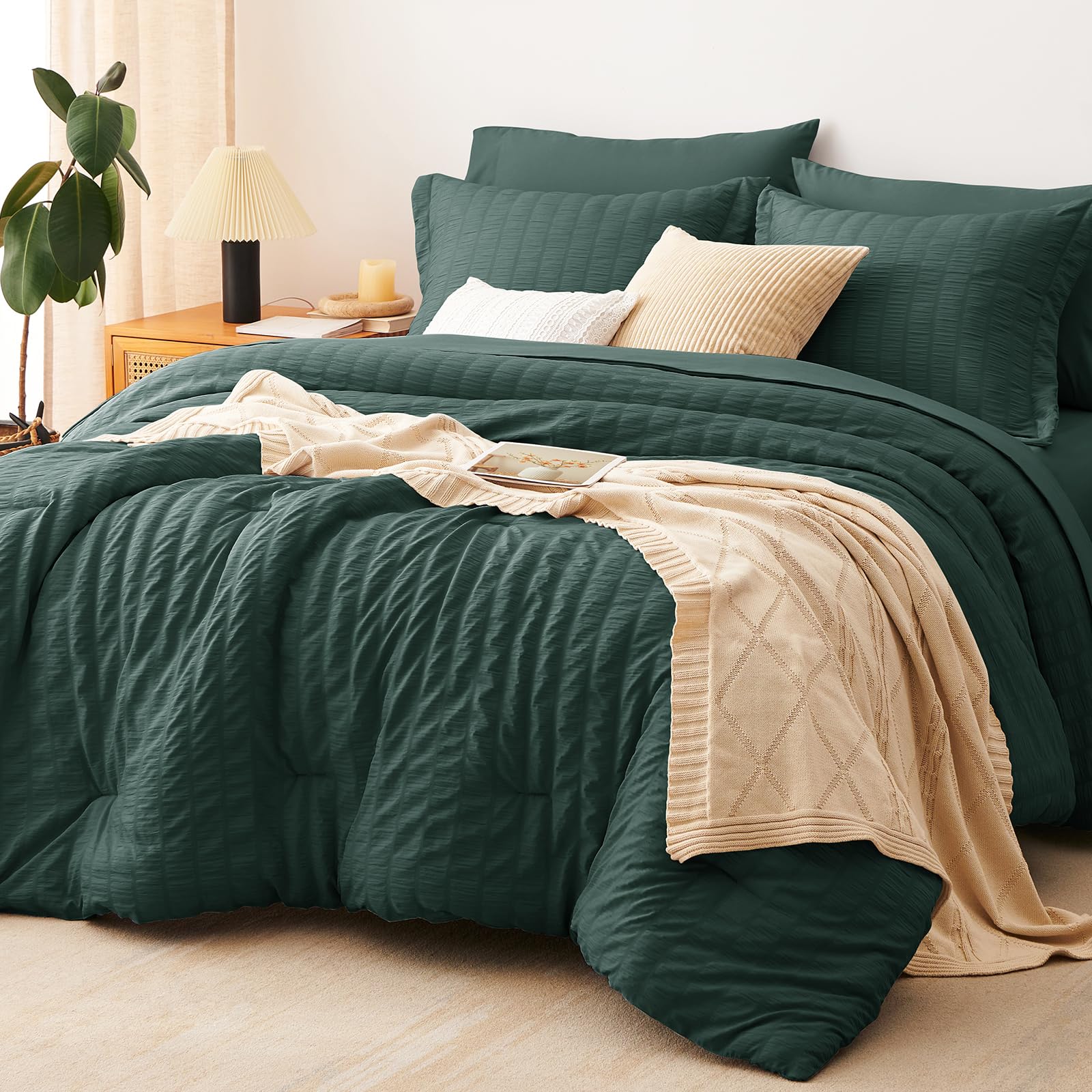 Photo 1 of CozyLux King Size Comforter Set Forest Green Seersucker 7 Pieces Bed in a Bag King Comforter Set with Sheets, Luxury Bedding Set with Down Alternative Comforter, Sheets, Pillowcases & Shams All Season