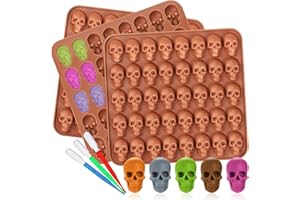 WHISTENFLA 3 Pack Gummy Skull Silicone Candy Molds, Halloween Mini Skull Mold with 3 Droppers Non-stick Candy Molds Skull