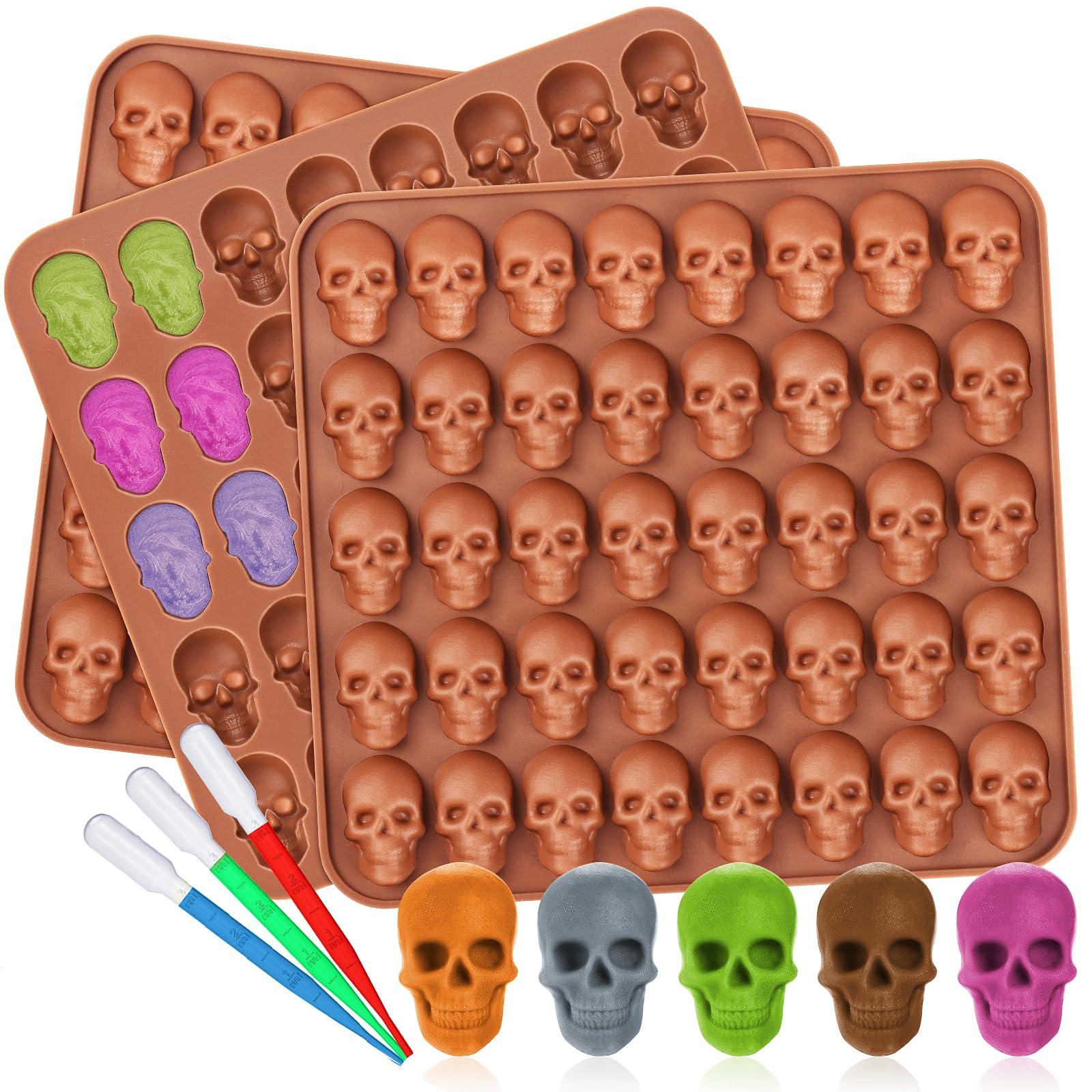 Photo 1 of 3 Pack Gummy Skull Silicone Candy Molds, Halloween Mini Skull Mold with 3 Droppers Non-stick Candy Molds