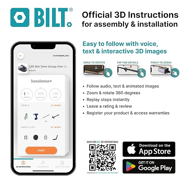 CHAMBERLAIN 1/2 HP BELT DRIVE SMART GARAGE DOOR OPENER WITH BATTERY BACKUP, 1-BULB LIGHTING, AND MYQ CONNECTIVITY