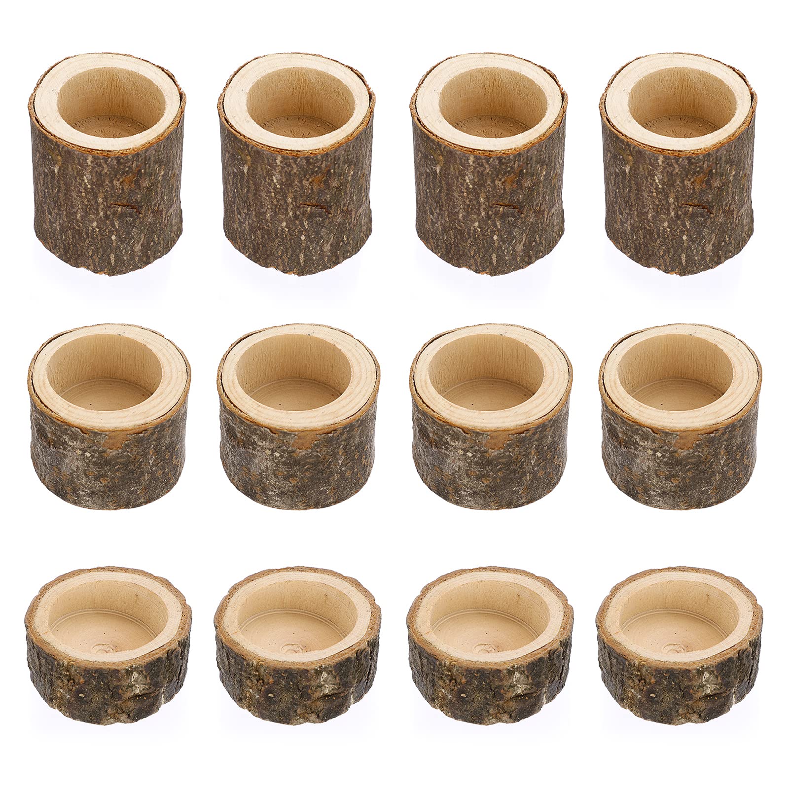 BSTKEY Set of 12 Wooden Tea Light Candle Holders, Decorative Votive Candle Holder Tealight Candle Stand, Wood Centerpieces for Table Wedding Party Home Decor, Height 2.5CM+4CM+7CM