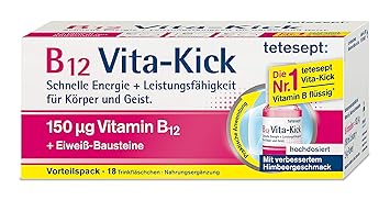 tetesept B12 Vita-Kick Trinkampullen – Ergänzungsmittel mit hochdosiertem Vitamin B12 & Eiweißbausteinen - Himbeergeschmack –