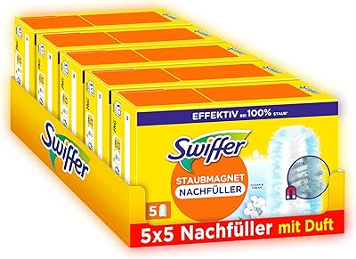 Swiffer Staubmagnet Nachfüllpackung, 25 Tücher (5×5) mit Febreze-Duft, Fängt Und Schließt 3-mal Mehr Staub Und Haare Ein Als Herkömmliche Staubwedel