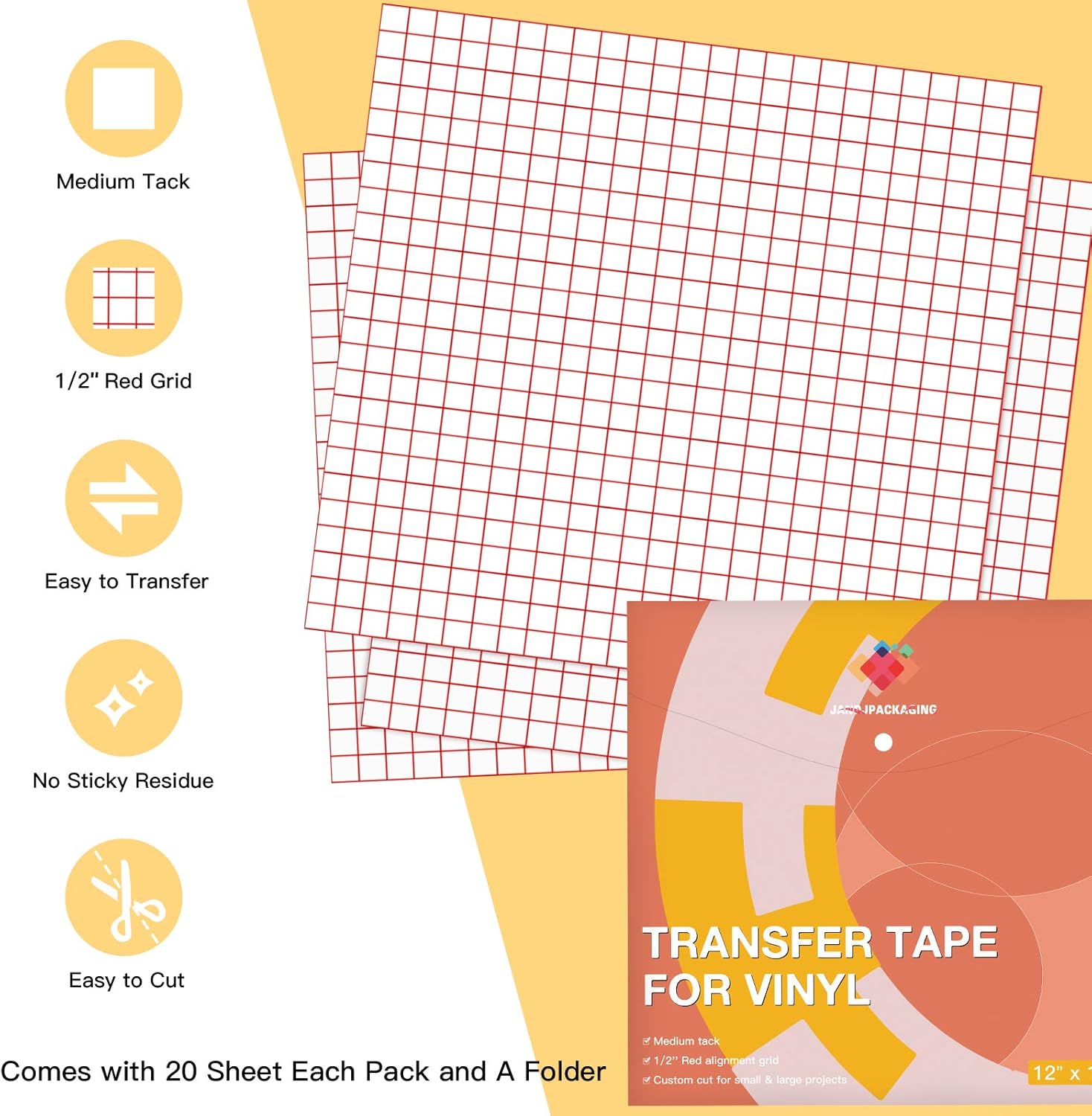 Transfer Tape for Vinyl 20 Pack 12” x 12” w/Red Alignment Grid for Cricut Silhouette Cameo Adhesive Vinyl, Medium Tack Vinyl Transfer Tape for Signs Decals Windows by JANDJPACKAGING: Arts, Crafts & Sewing